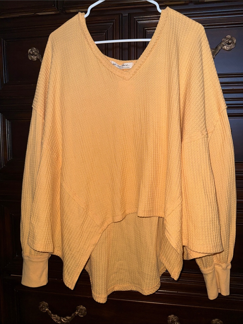 Free People Cozy Oversized Waffle Knit V‑Neck Top - Mustard Yellow